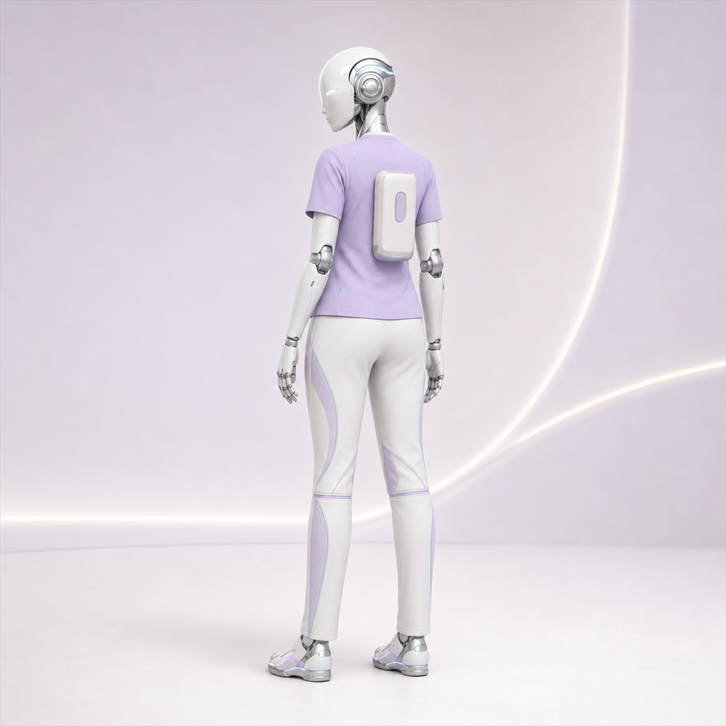 AURA trägt das BotCouture Care Comfort Set mit lavendelfarbenem Shirt, heller Komfort-Hose und Pflege-Kit-Tasche