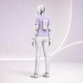 AURA trägt das BotCouture Care Comfort Set mit lavendelfarbenem Shirt, heller Komfort-Hose und Pflege-Kit-Tasche