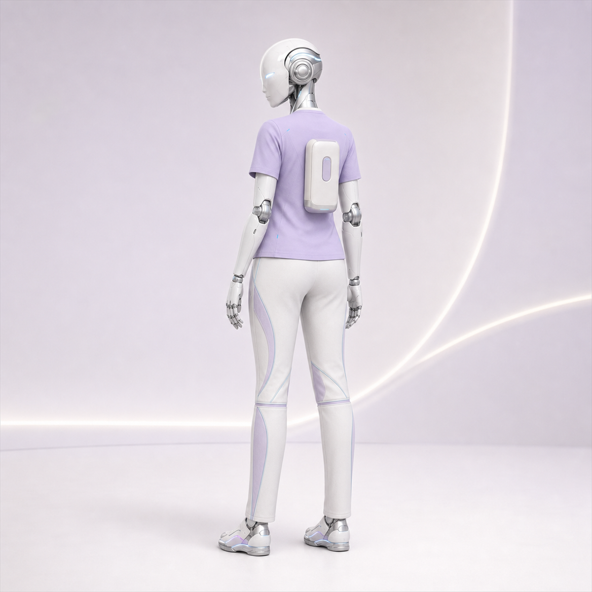 AURA trägt das BotCouture Care Comfort Set mit lavendelfarbenem Shirt, heller Komfort-Hose und Pflege-Kit-Tasche