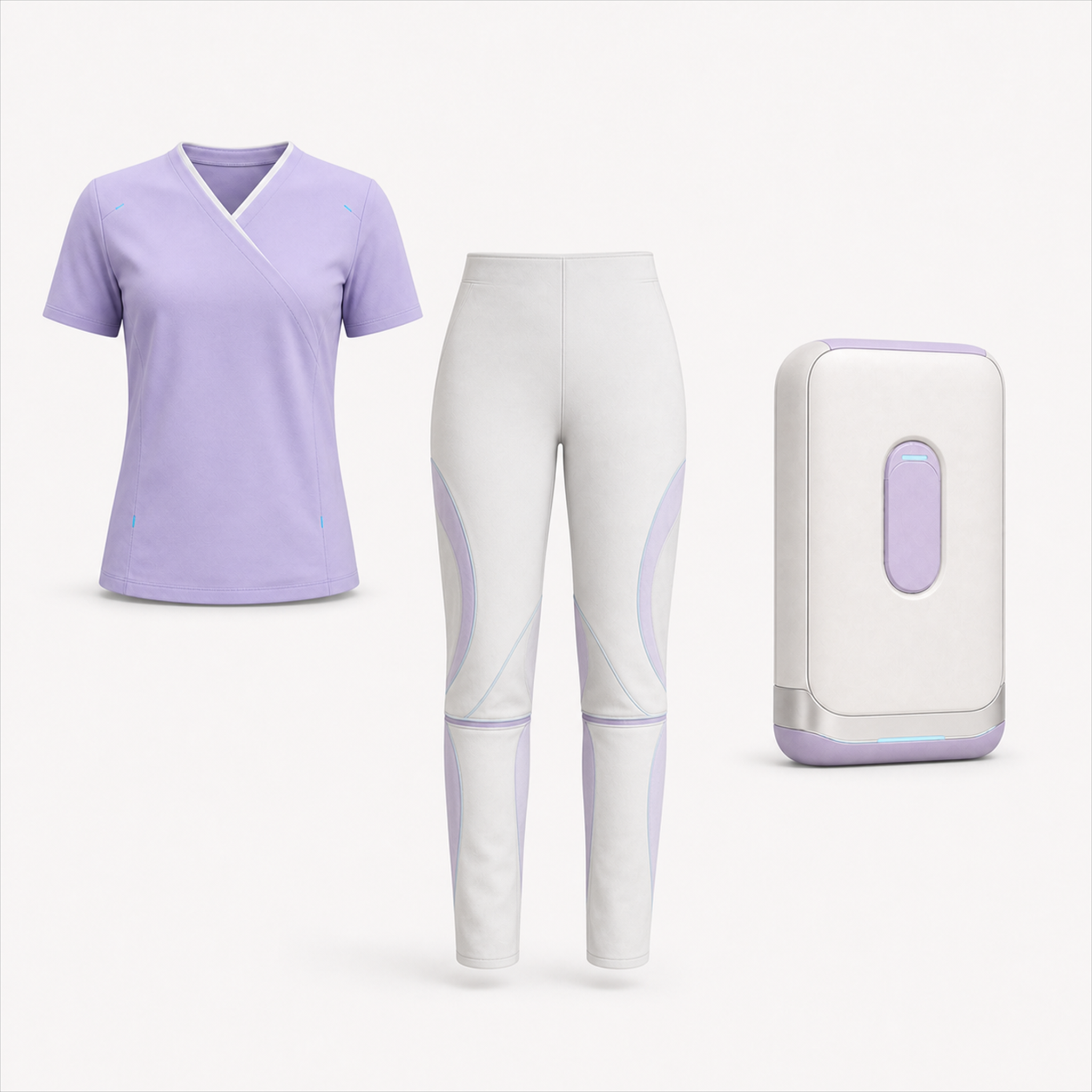 Care Comfort Set von BotCouture mit lavendelfarbenem Care Shirt, heller Komfort-Hose und kompakter Pflege-Kit-Tasche