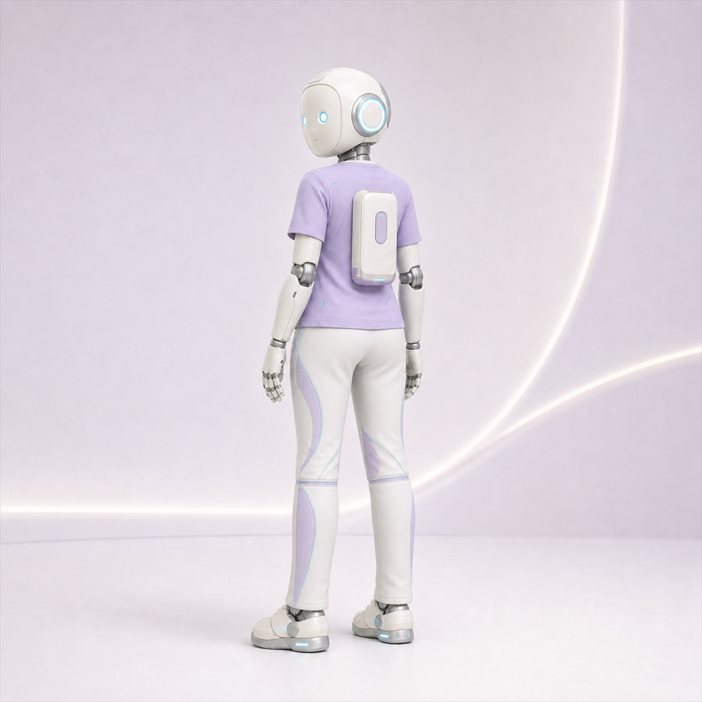 LUMI trägt das BotCouture Care Comfort Set mit lavendelfarbenem Shirt, heller Komfort-Hose und Pflege-Kit-Tasche