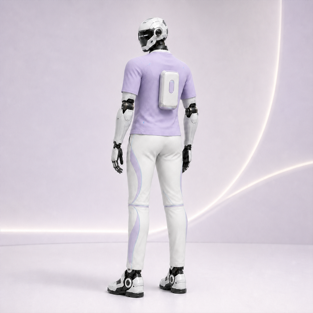 NOVA trägt das BotCouture Care Comfort Set mit lavendelfarbenem Shirt, heller Komfort-Hose und Pflege-Kit-Tasche