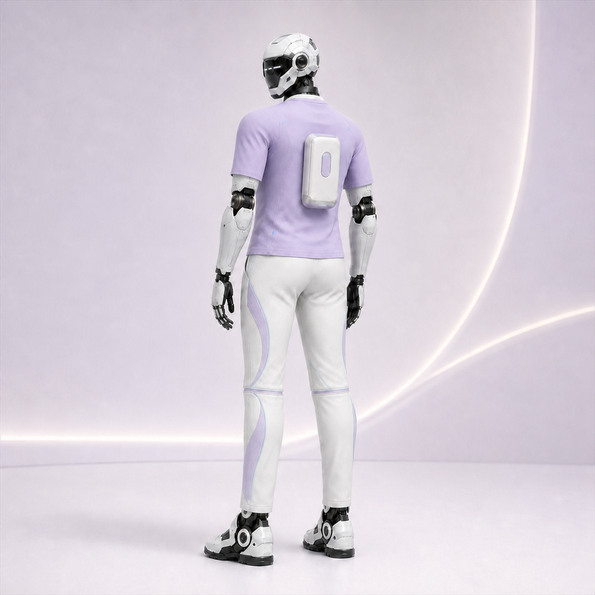 NOVA trägt das BotCouture Care Comfort Set mit lavendelfarbenem Shirt, heller Komfort-Hose und Pflege-Kit-Tasche