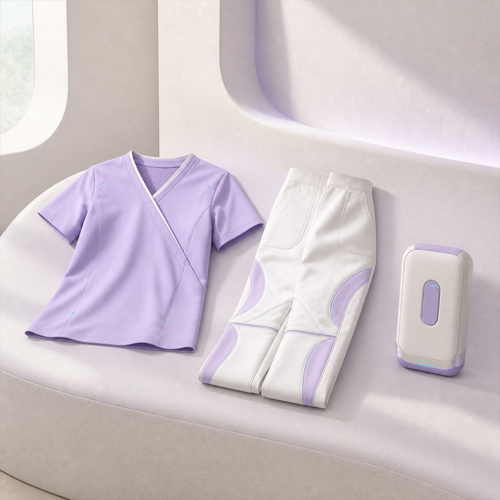 Care Comfort Set mit Care Shirt, heller Komfort-Hose und kleiner Pflege-Kit-Tasche in ruhiger Care-Line-Szene