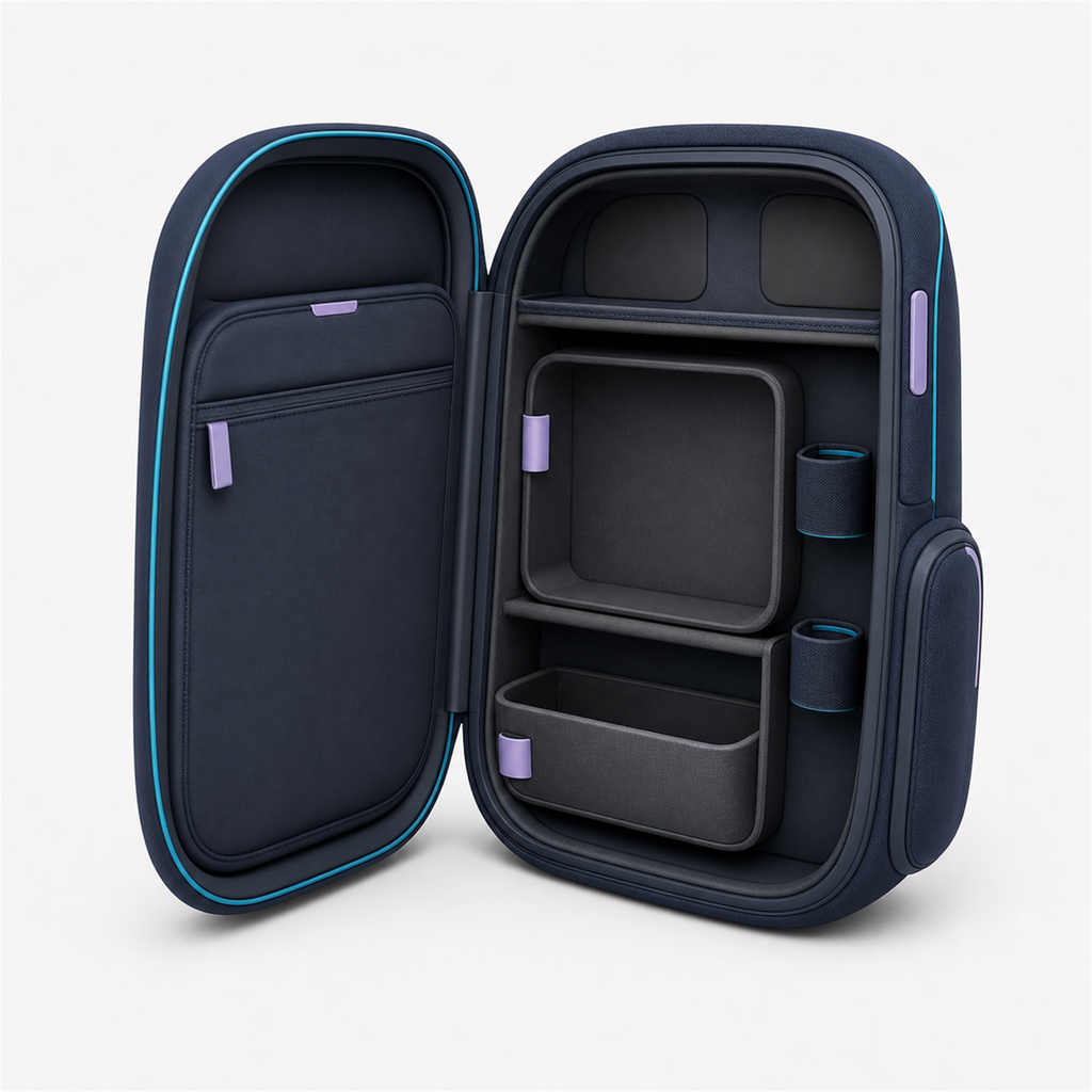 Geöffneter Companion Pack Mini Roboter-Rucksack mit modularer Innenaufteilung