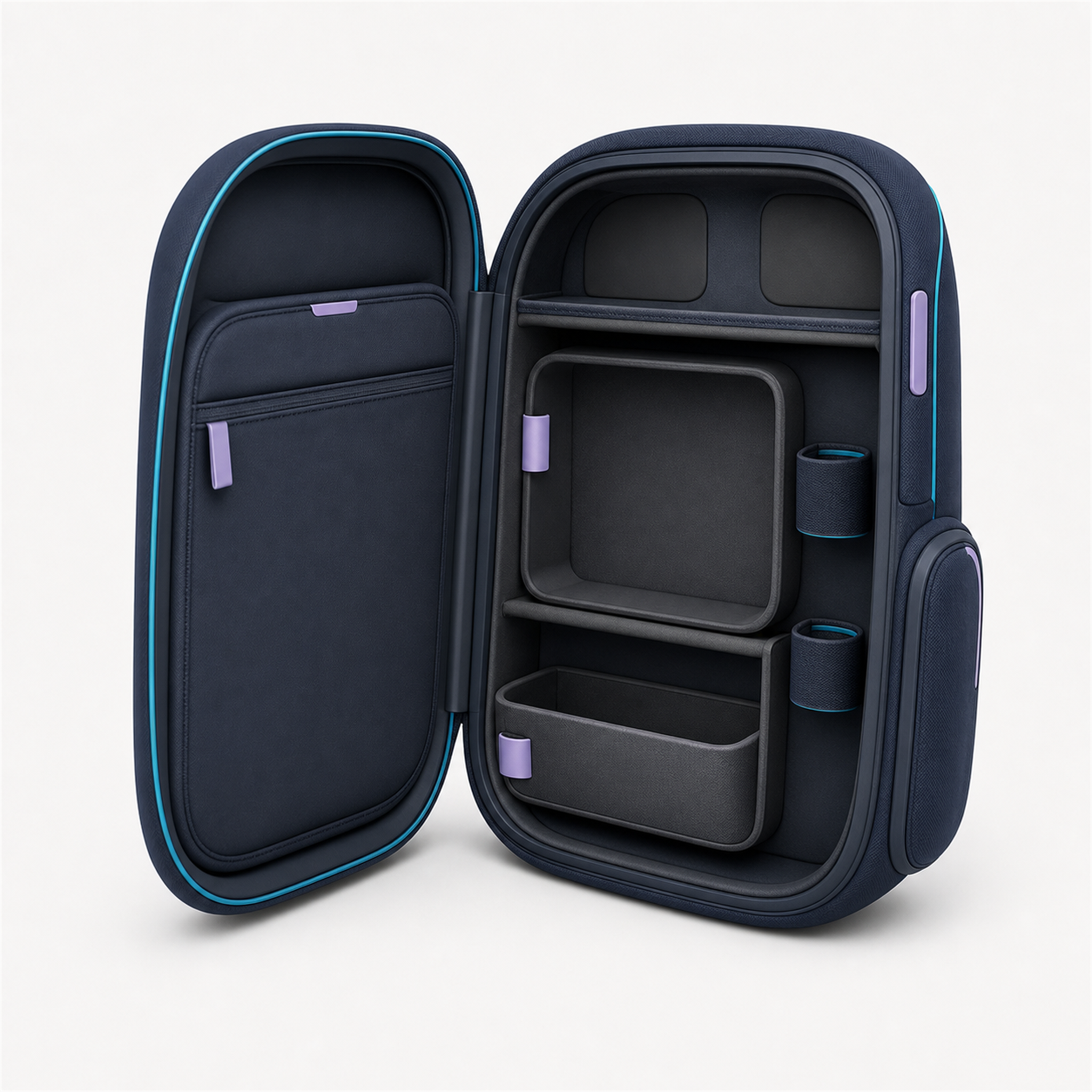 Geöffneter Companion Pack Mini Roboter-Rucksack mit modularer Innenaufteilung