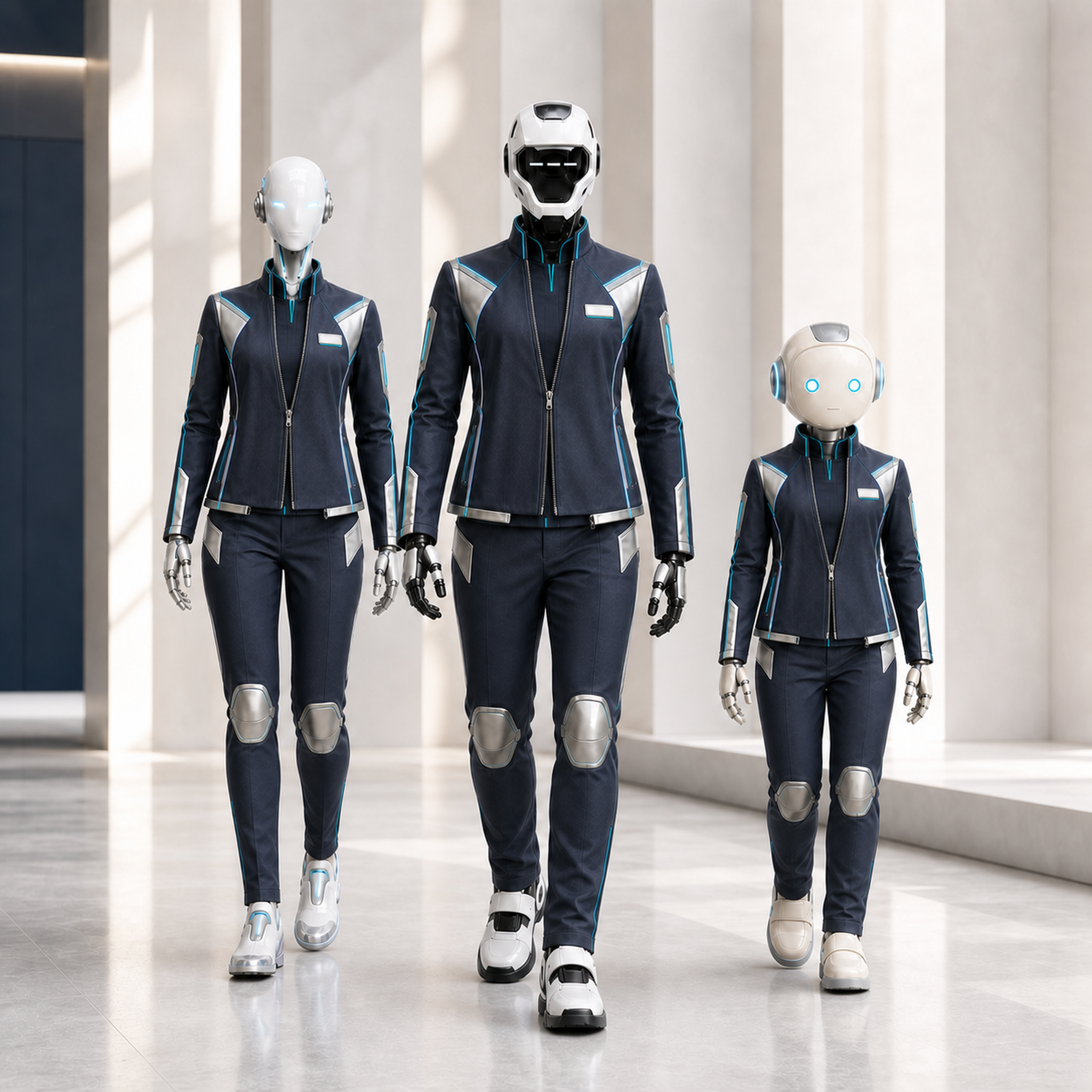 AURA, NOVA und LUMI tragen das BotCouture Corporate Welcome Set in einer hellen Empfangsszene
