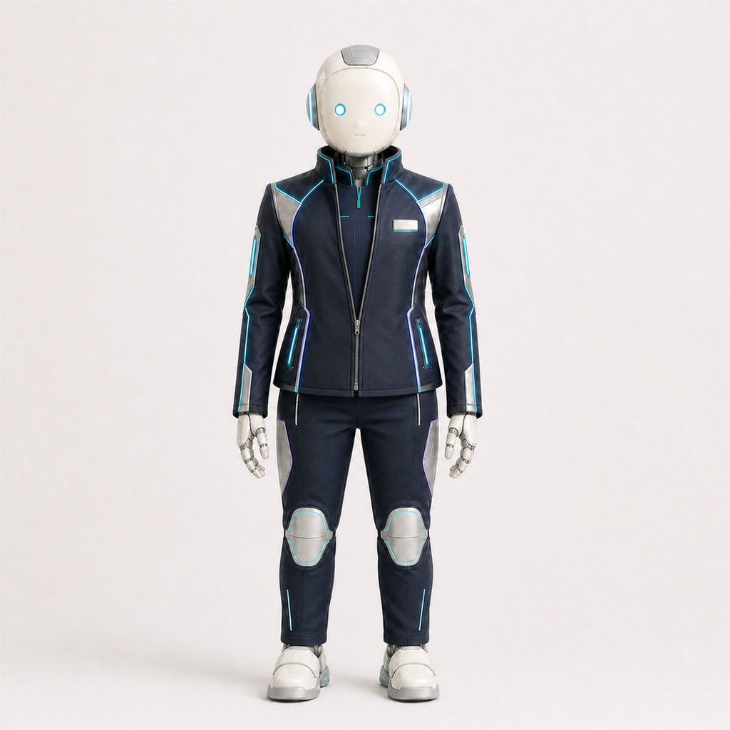 LUMI trägt das BotCouture Corporate Welcome Set mit Identity Shirt, Branded Role Jacket und Utility Pants Light