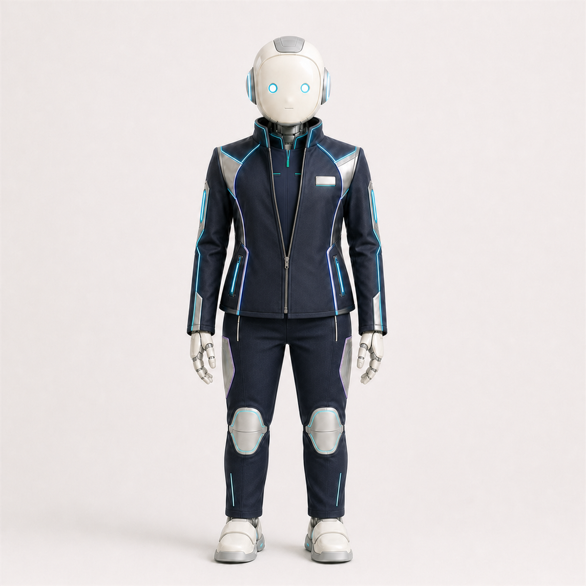 LUMI trägt das BotCouture Corporate Welcome Set mit Identity Shirt, Branded Role Jacket und Utility Pants Light