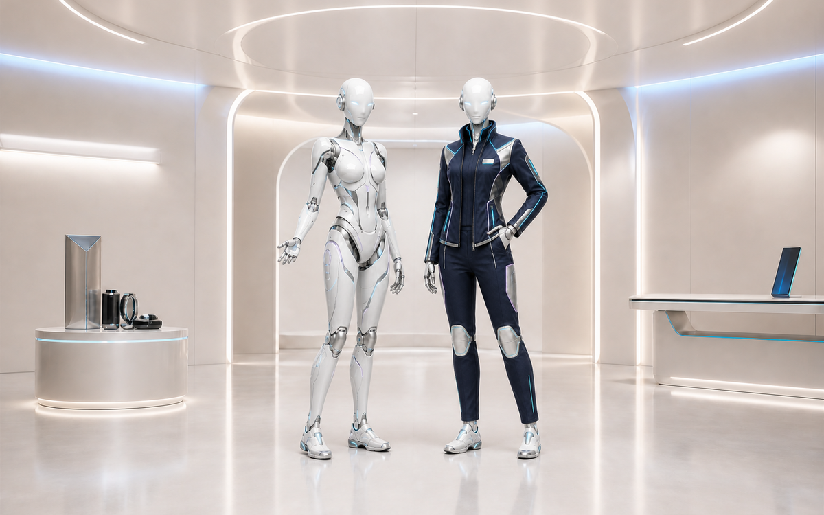 AURA vor und nach BotCouture Corporate Robot Fashion in einem hellen Fashion-Tech-Showroom