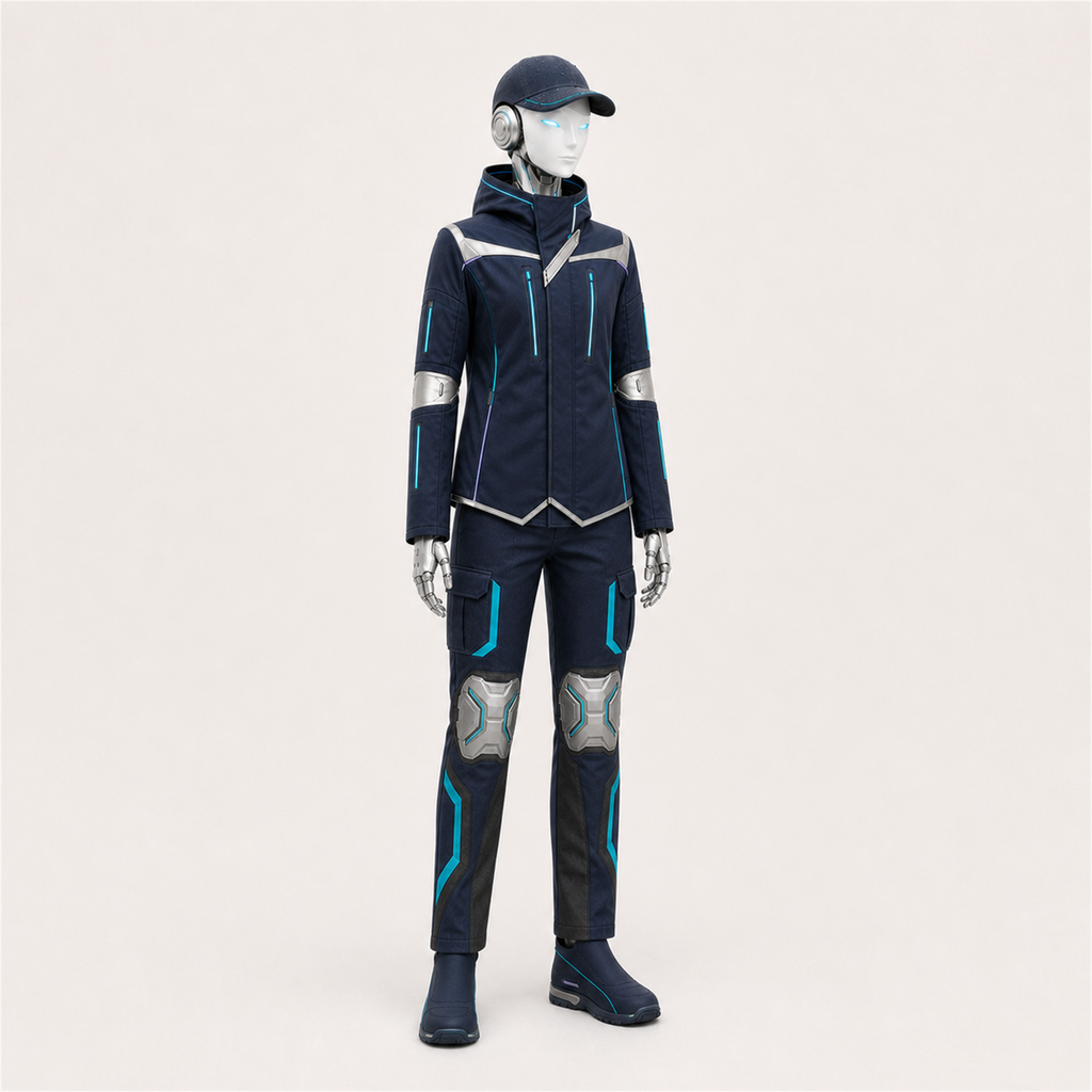 AURA trägt das BotCouture Outdoor Protection Set mit Weather Jacket, Utility Pants Pro Hose, Rain Cap und Outdoor Steps
