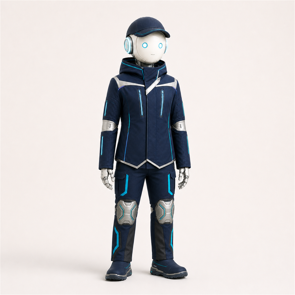 LUMI trägt das BotCouture Outdoor Protection Set mit Weather Jacket, Utility Pants Pro Hose, Rain Cap und Outdoor Steps