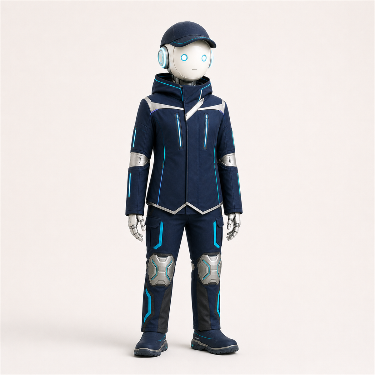 LUMI trägt das BotCouture Outdoor Protection Set mit Weather Jacket, Utility Pants Pro Hose, Rain Cap und Outdoor Steps