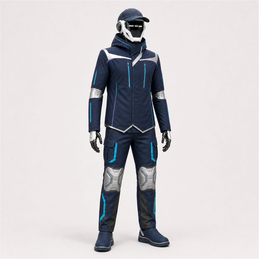 NOVA trägt das BotCouture Outdoor Protection Set mit Weather Jacket, Utility Pants Pro Hose, Rain Cap und Outdoor Steps