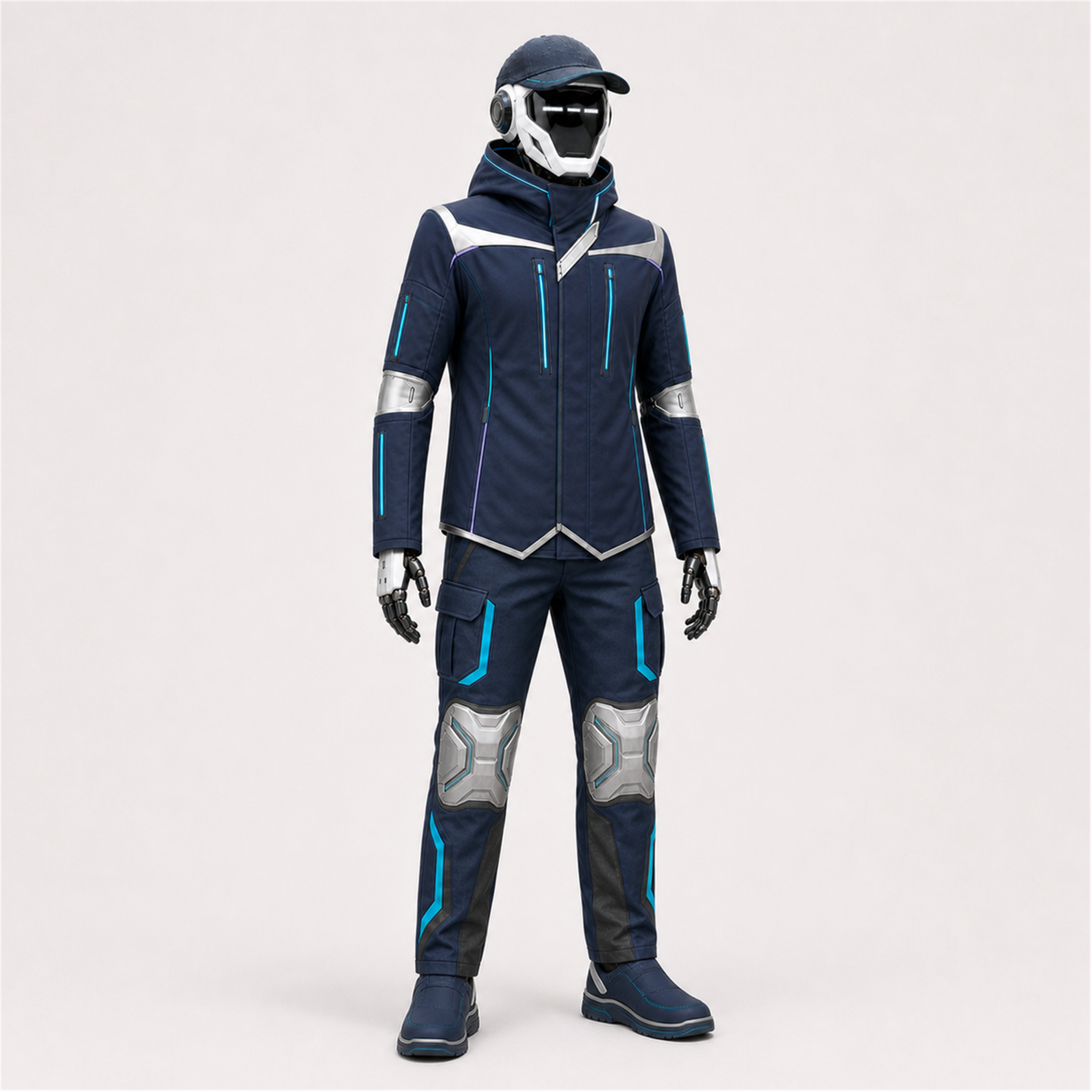 NOVA trägt das BotCouture Outdoor Protection Set mit Weather Jacket, Utility Pants Pro Hose, Rain Cap und Outdoor Steps