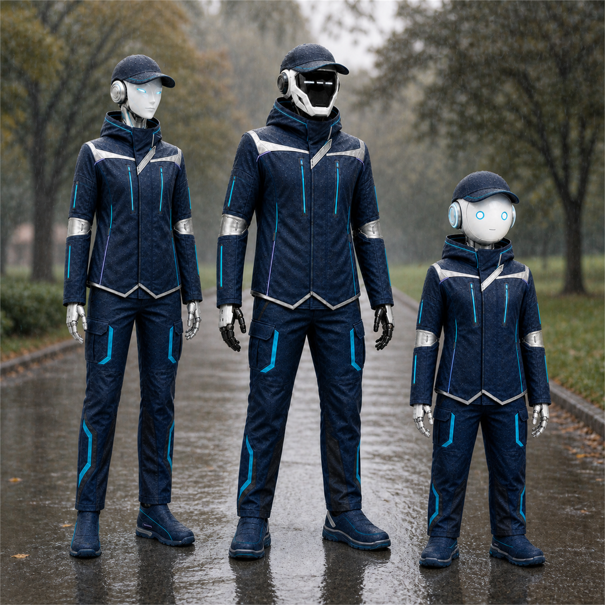 AURA, NOVA und LUMI im Regen mit dem BotCouture Outdoor Protection Set
