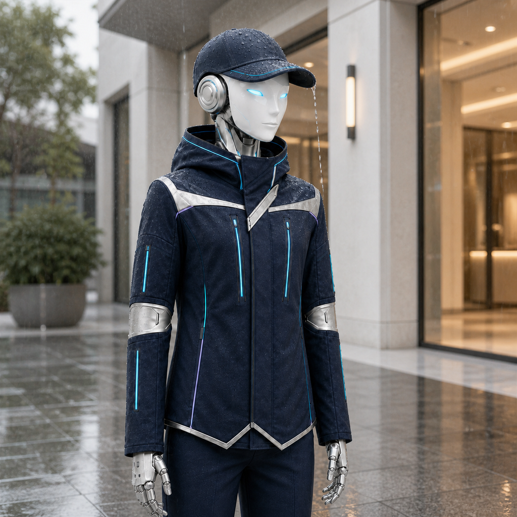 AURA traegt die BotCouture Rain Cap bei leichtem Regen vor einem modernen Gebaeudeeingang