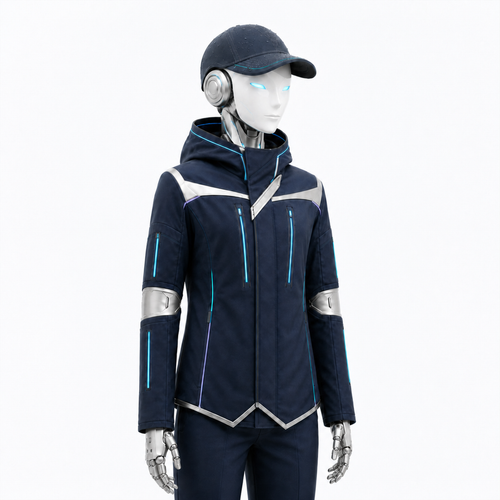 AURA traegt die BotCouture Rain Cap zur Outdoor Weather Jacket auf hellem Studiohintergrund