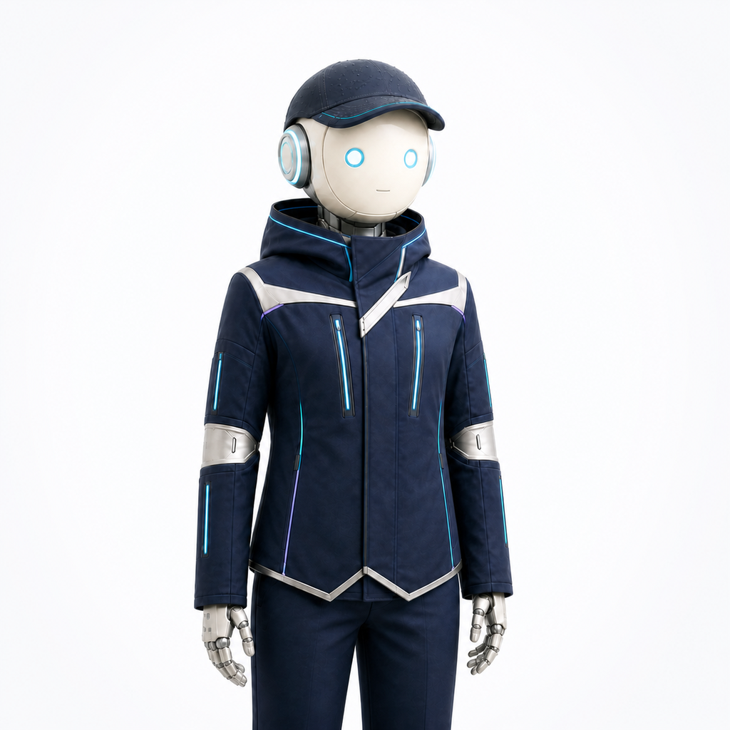 LUMI traegt seine kompakte BotCouture Rain Cap mit kurzem Schild und freien cyanfarbenen Augen