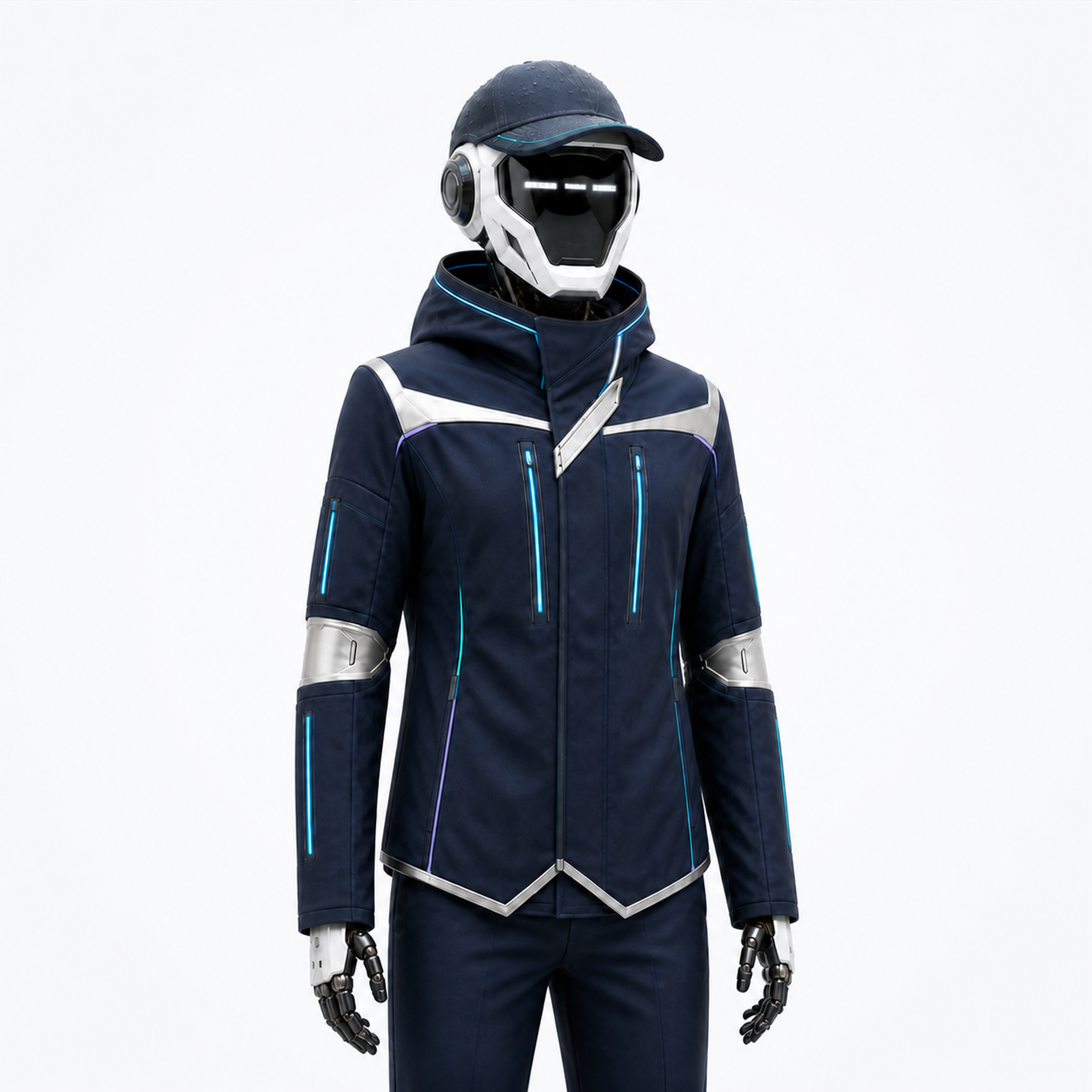 NOVA traegt seine breite BotCouture Rain Cap mit freiem Gesichtspanel und sichtbarem Kopfseitenmodul