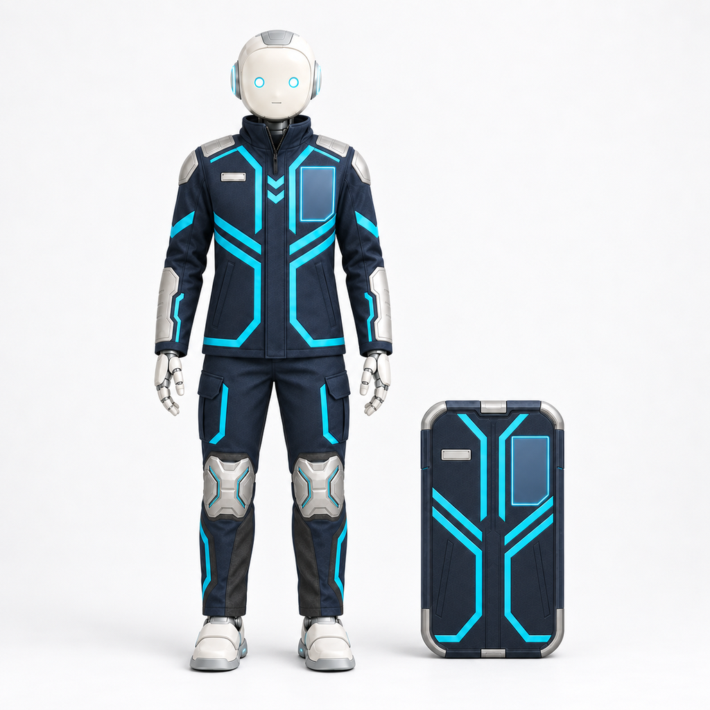 LUMI frontal im BotCouture Security Pro Set mit Security Role Jacket, Utility Pants Pro und Modular Security Bag