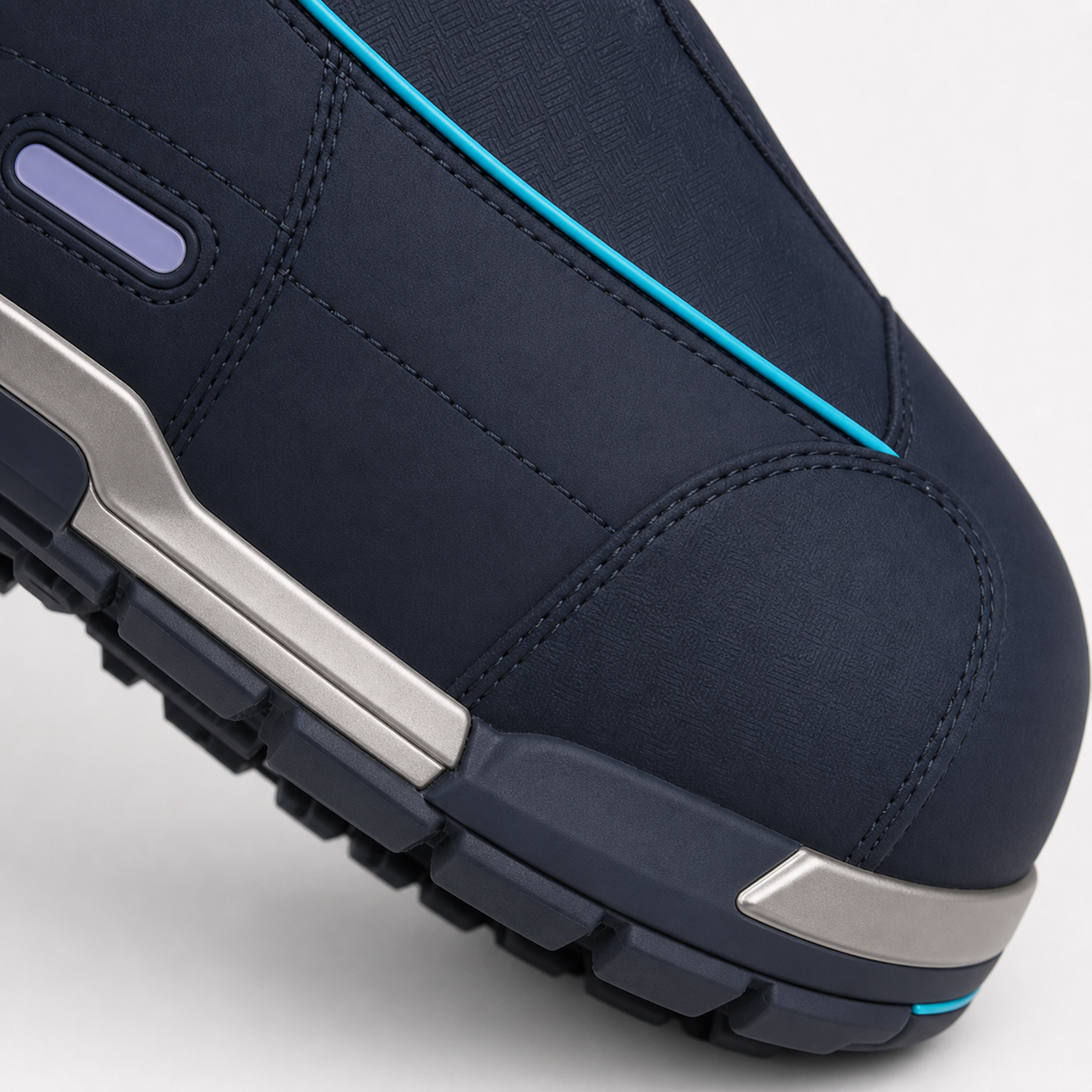 Nahtdetail der BotCouture Outdoor Steps in Deep Space Navy mit cyanfarbener Paspel und silberner Kante