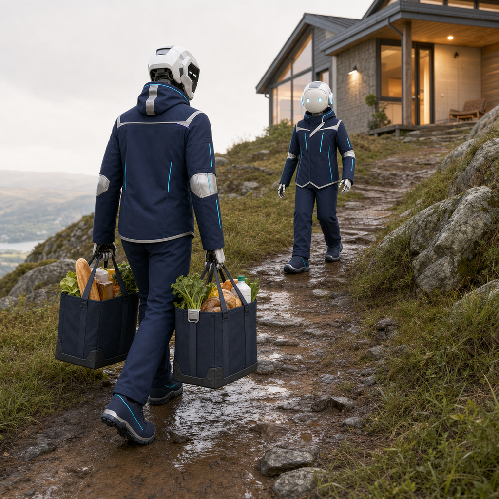 NOVA trägt Einkäufe über einen nassen Bergweg zum Ferienhaus, während LUMI ihm in BotCouture Outdoor Steps entgegenkommt