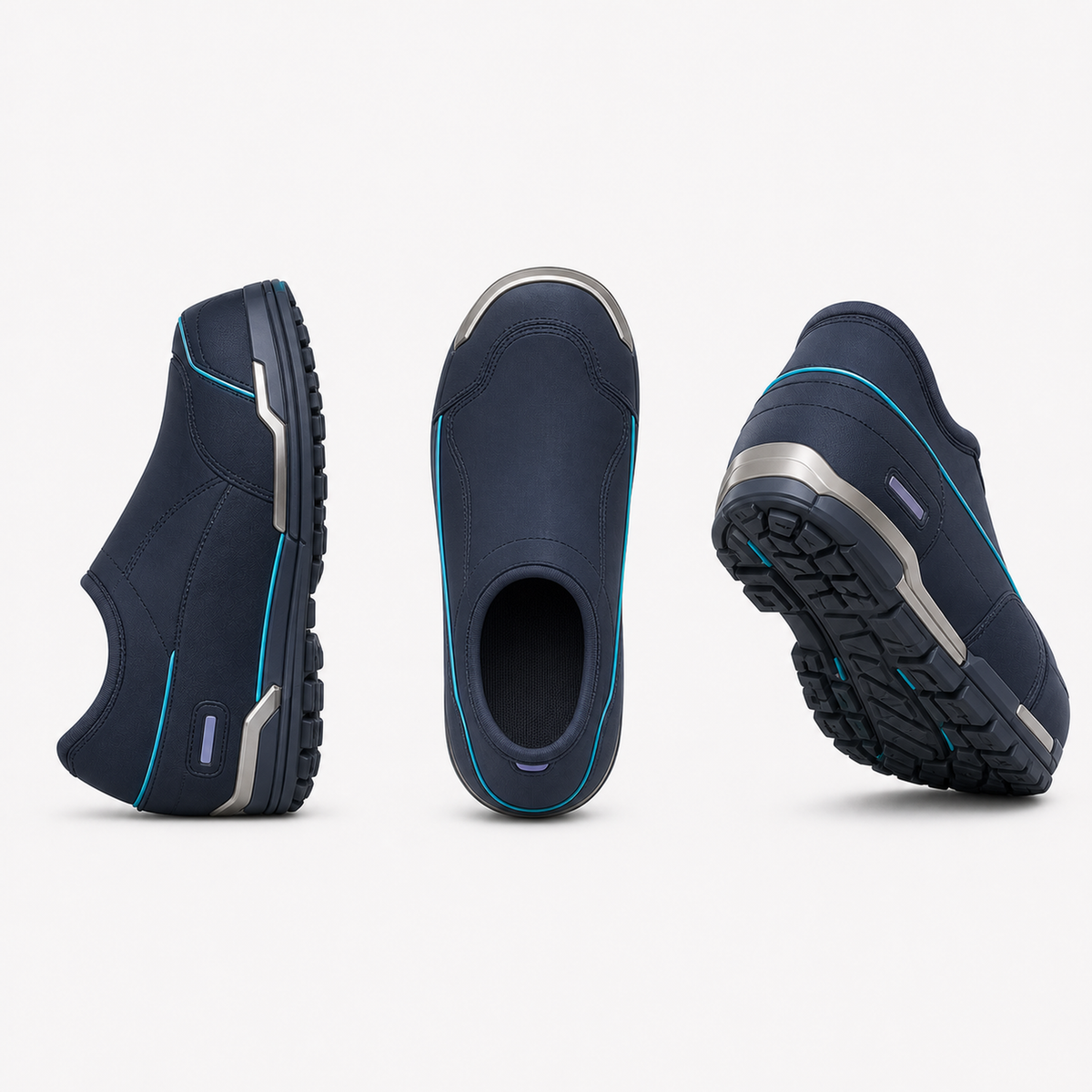 BotCouture Outdoor Steps Roboterschuhe in Seitenansicht, Draufsicht und Rückansicht mit sichtbarer Profilsohle
