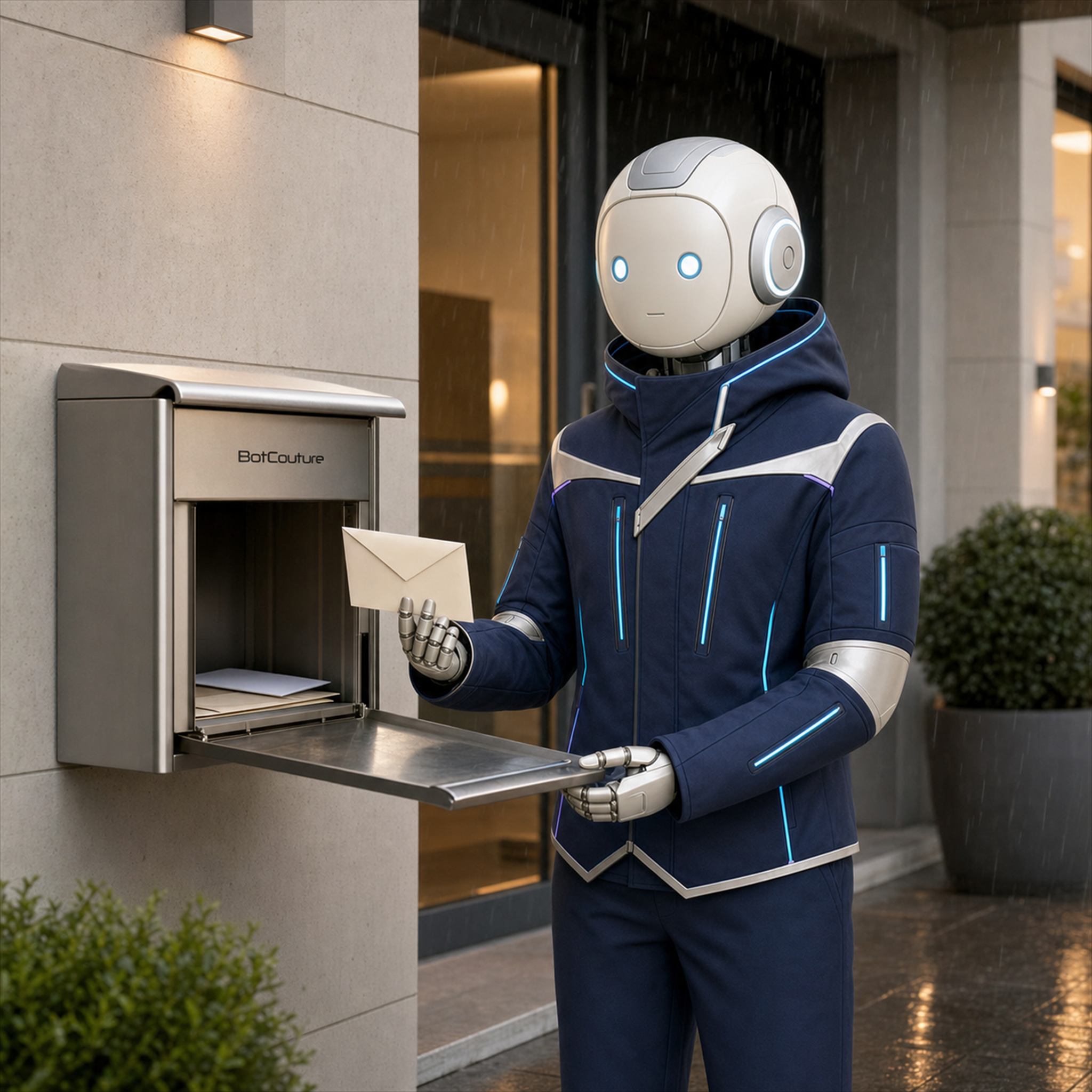 LUMI holt bei Regen Post in der Outdoor Weather Jacket für Roboter