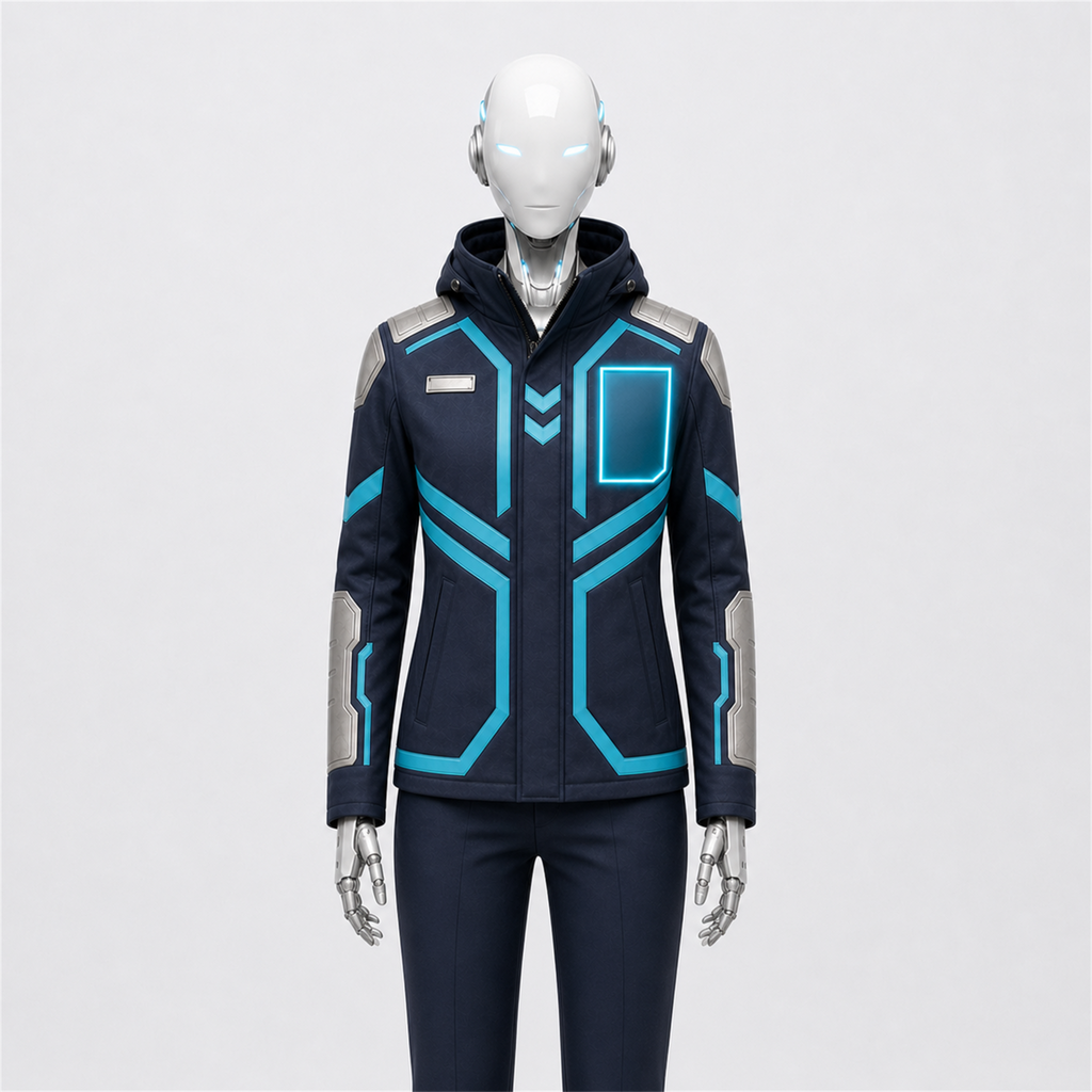 AURA trägt die BotCouture Security Role Jacket mit leuchtendem Role Light Panel