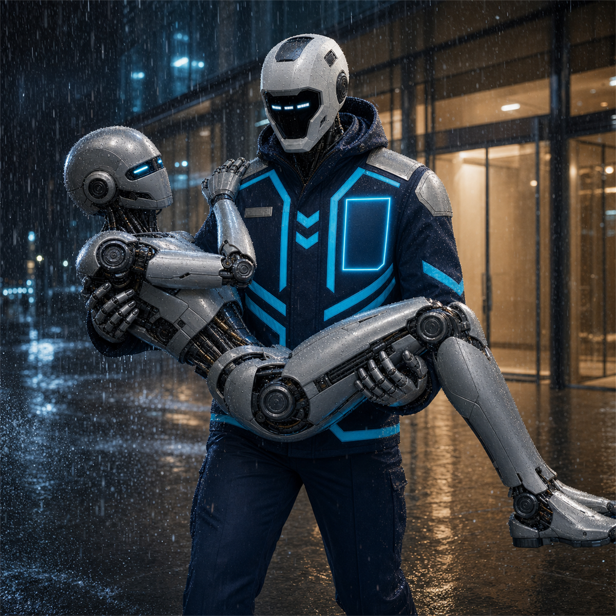 NOVA rettet im Regen einen technisch unbekleideten Roboter in der BotCouture Security Role Jacket