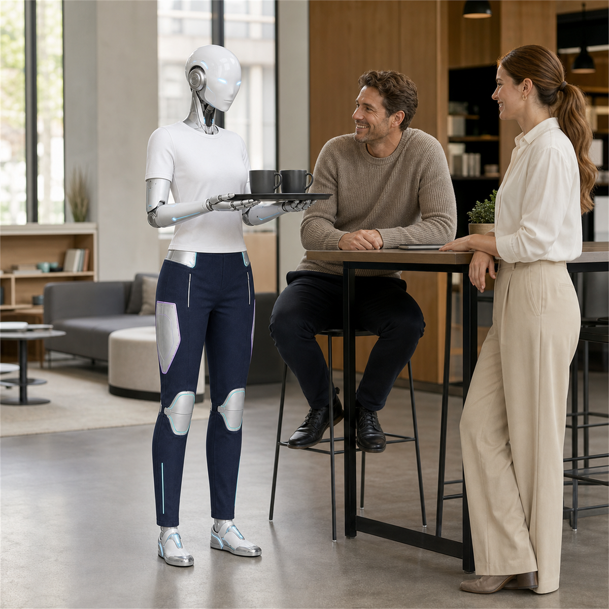 AURA bringt Menschen Kaffee und trägt die lange BotCouture Utility Pants Light – visuelles Konzept