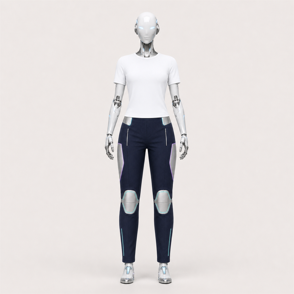 AURA trägt die lange BotCouture Utility Pants Light mit neutralem Soft-White-Basistop