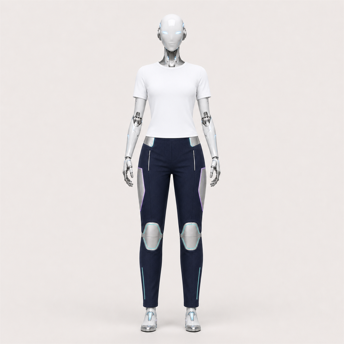 AURA trägt die lange BotCouture Utility Pants Light mit neutralem Soft-White-Basistop