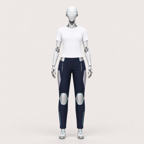 AURA trägt die lange BotCouture Utility Pants Light mit neutralem Soft-White-Basistop